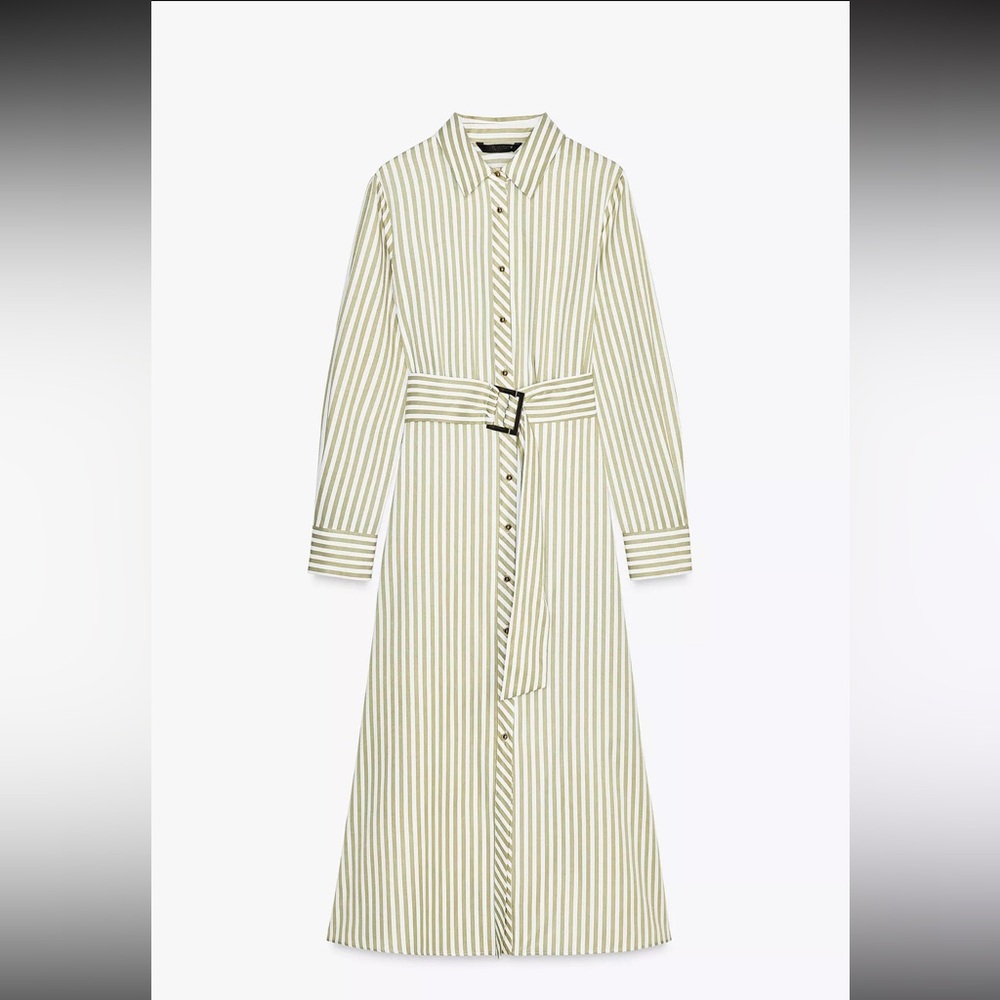 ZARA WOMEN LONG SLEEVES BELTED STRIPED SHIRT MIDI DRESS - Picture 2 of 3